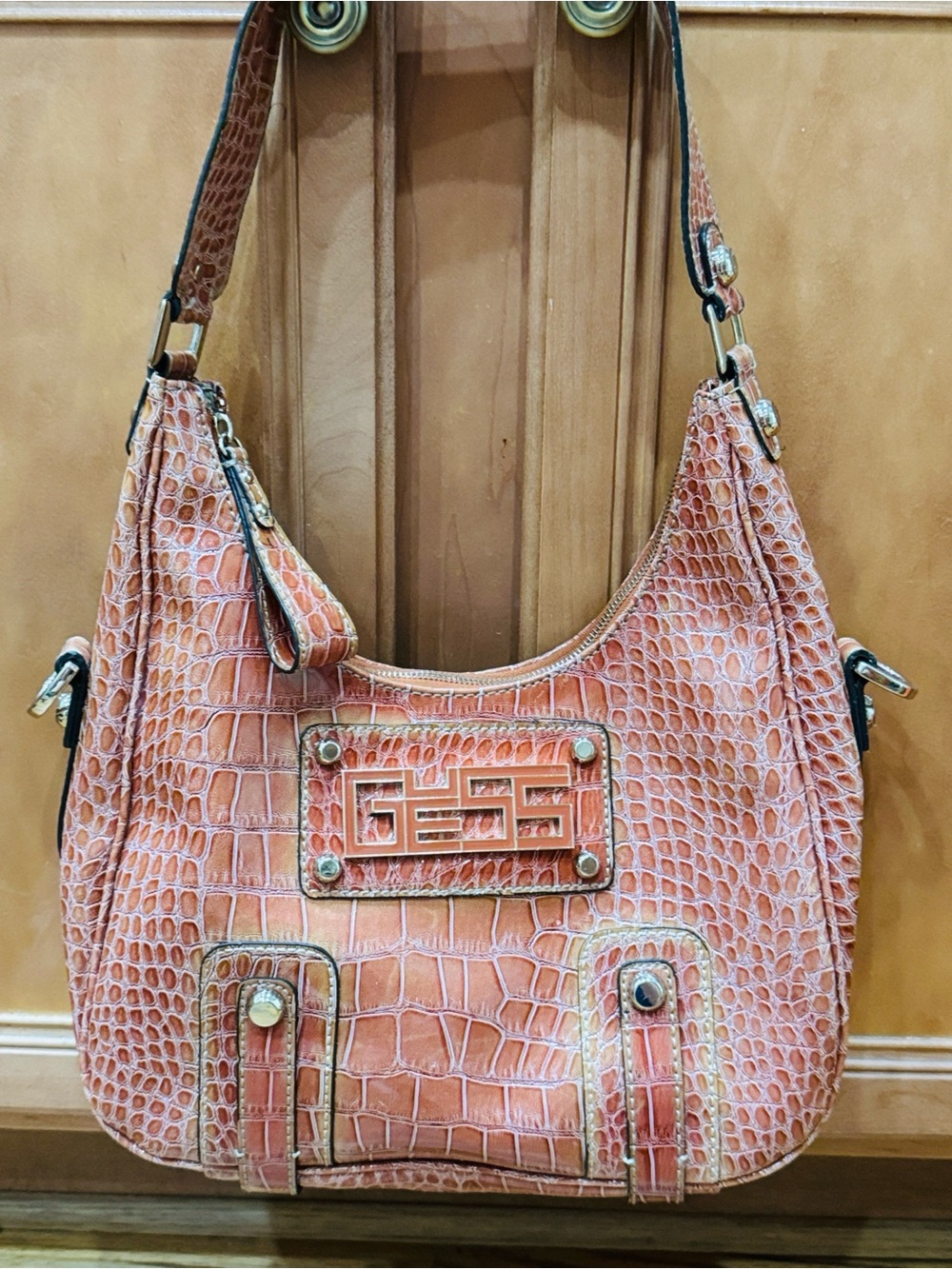 Guess Orange Croc-Embossed Bag, Perfect for Fall and Halloween!
